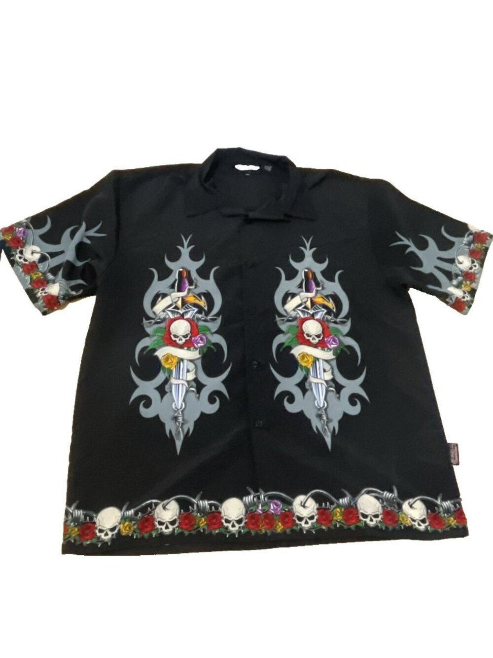 Sapphire Lounge Black Skull Knife Tattoo Barb Wire  Button Shirt Mens Size XXL